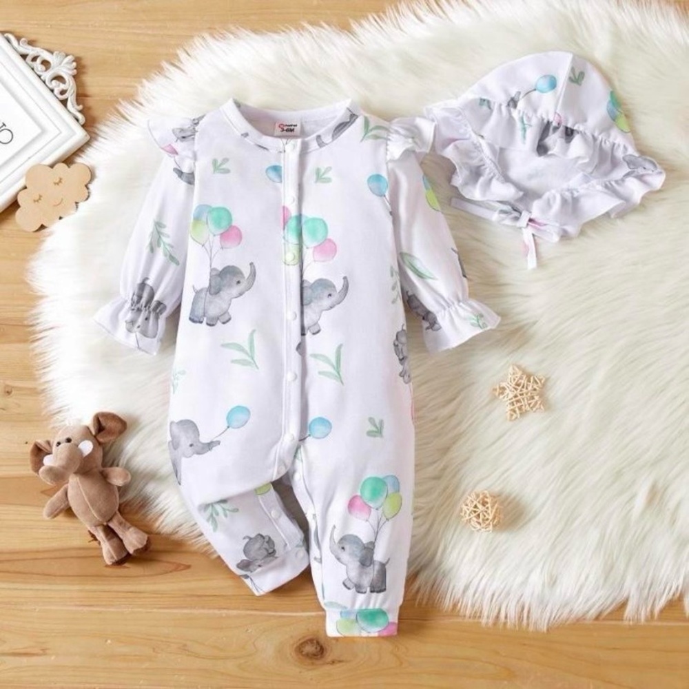 Size 9-12 months, girls 2 pc outfit, elephant holding balloons, hat, long sleeve
